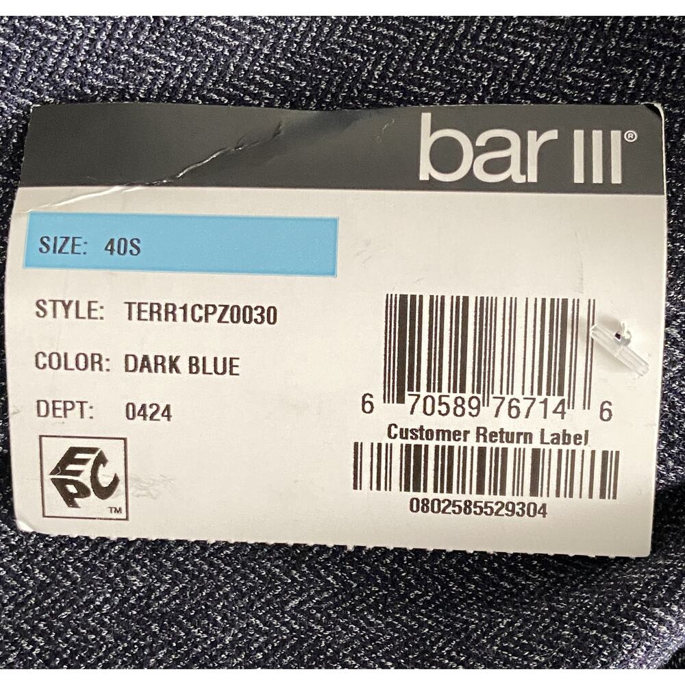 Bar III Sport Coat Men's 40 Short Slim Fit Stretch Dark Blue Herringbone NEW - Picture 10 of 12